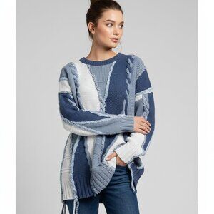 Funsport Womens Large Chunky Blue White Color Mix Ramie Sweater